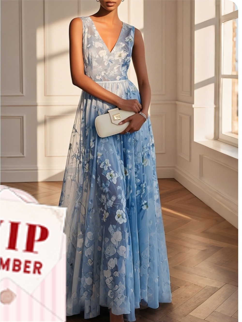Light Blue Floral Maxi Dress with V-Neck
